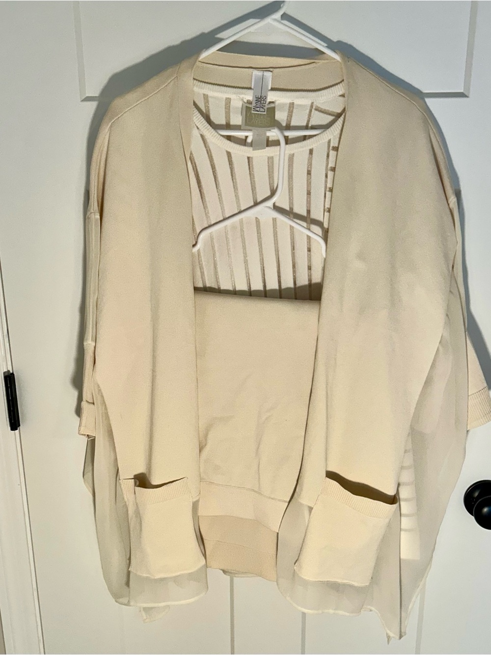 Marla Wynne WYNNE Layers 3 Piece Ivory Knit Set Cardigan Shell Pants M